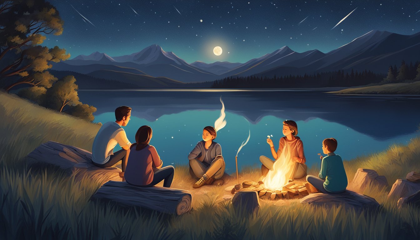 A family gathered around a campfire roasting marshmallows under the starry Texas sky, surrounded by rolling hills and a serene lake