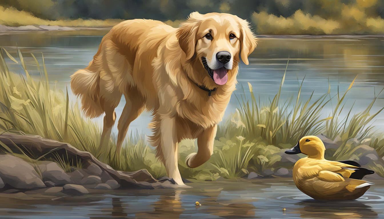 A golden retriever sits attentively as a trainer in Oregon rewards it with a treat for successfully retrieving a duck during ethical gun dog training