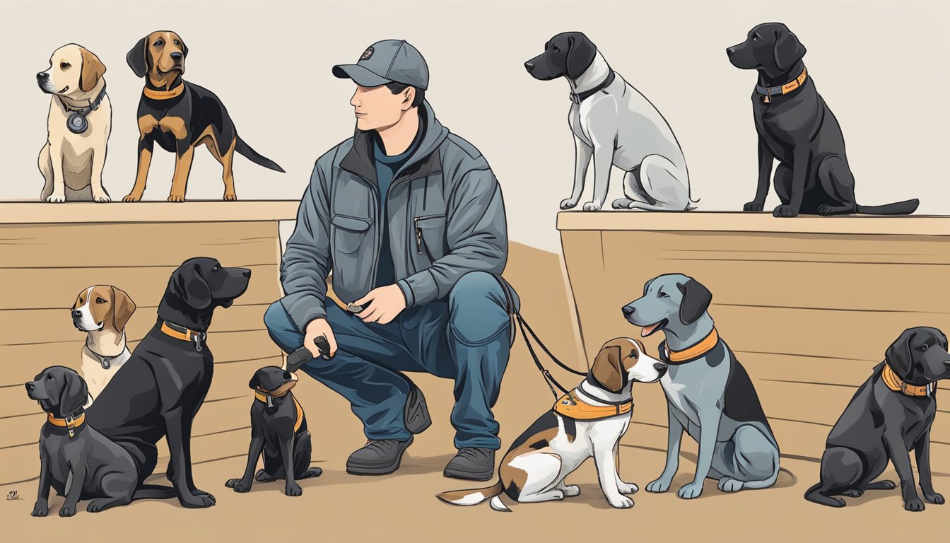 A dog trainer in Oregon selects the right training equipment for gun dog training, including whistles, dummies, and retrieving tools