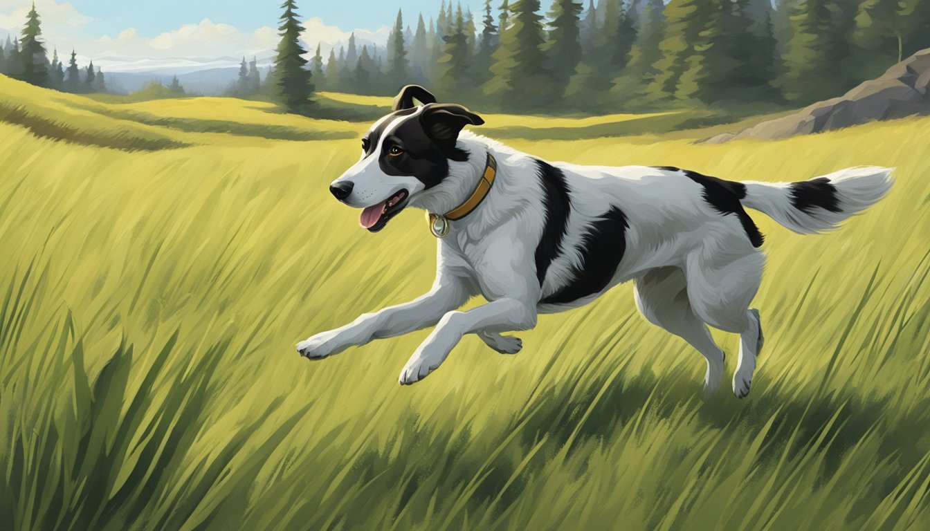 A hunting dog running through a lush Oregon field, with a healthy meal and water bowl nearby