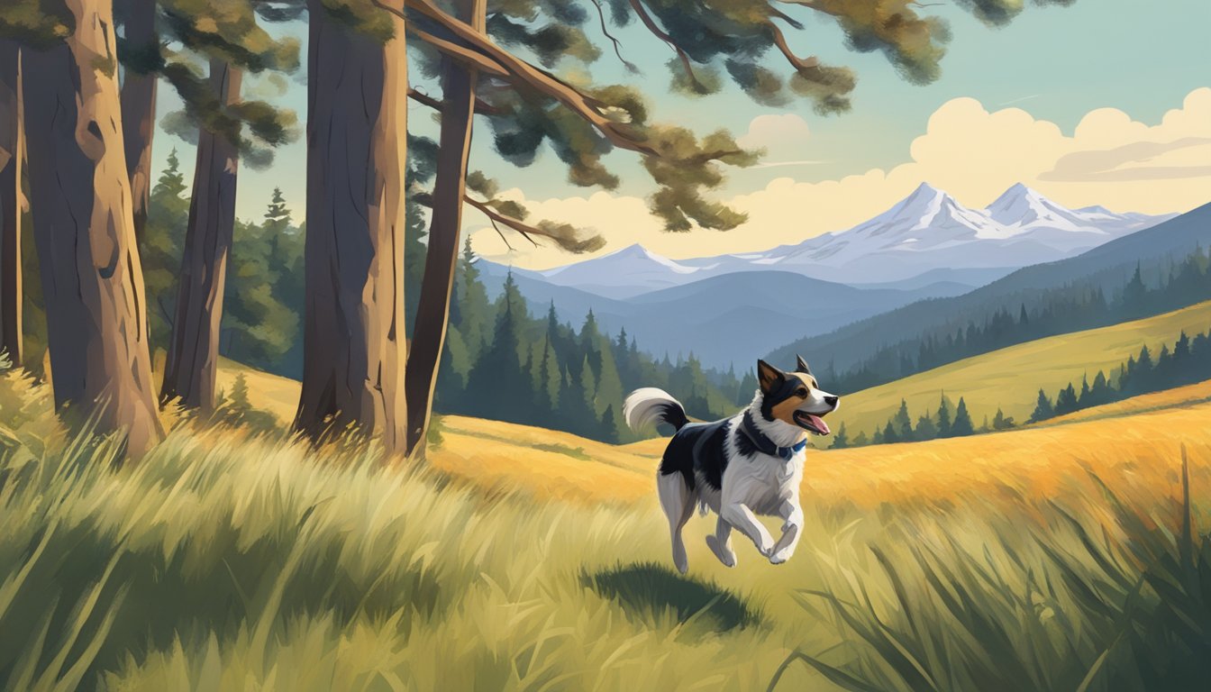 A dog running through a field with a trainer in the background, surrounded by trees and mountains in Oregon