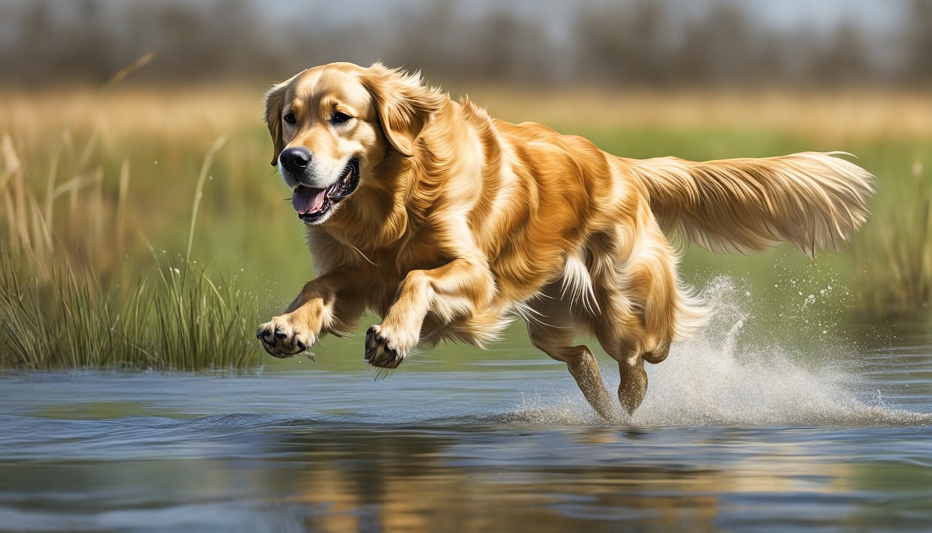 A golden retriever runs through a field, retrieving a duck from a pond during a gun dog training session in South Dakota