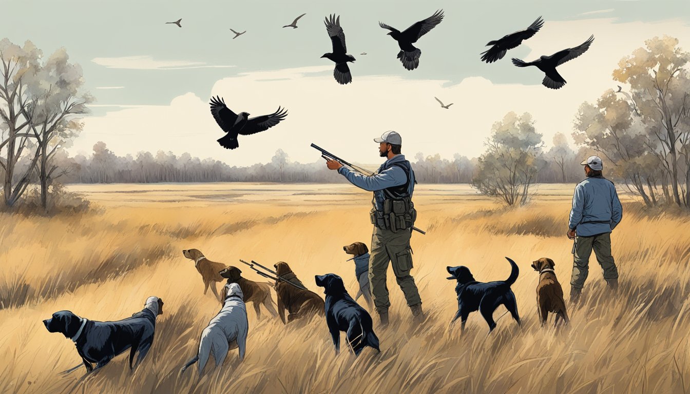 A handler directs a gun dog to retrieve birds in a South Dakota field, while other team members watch and communicate with hand signals