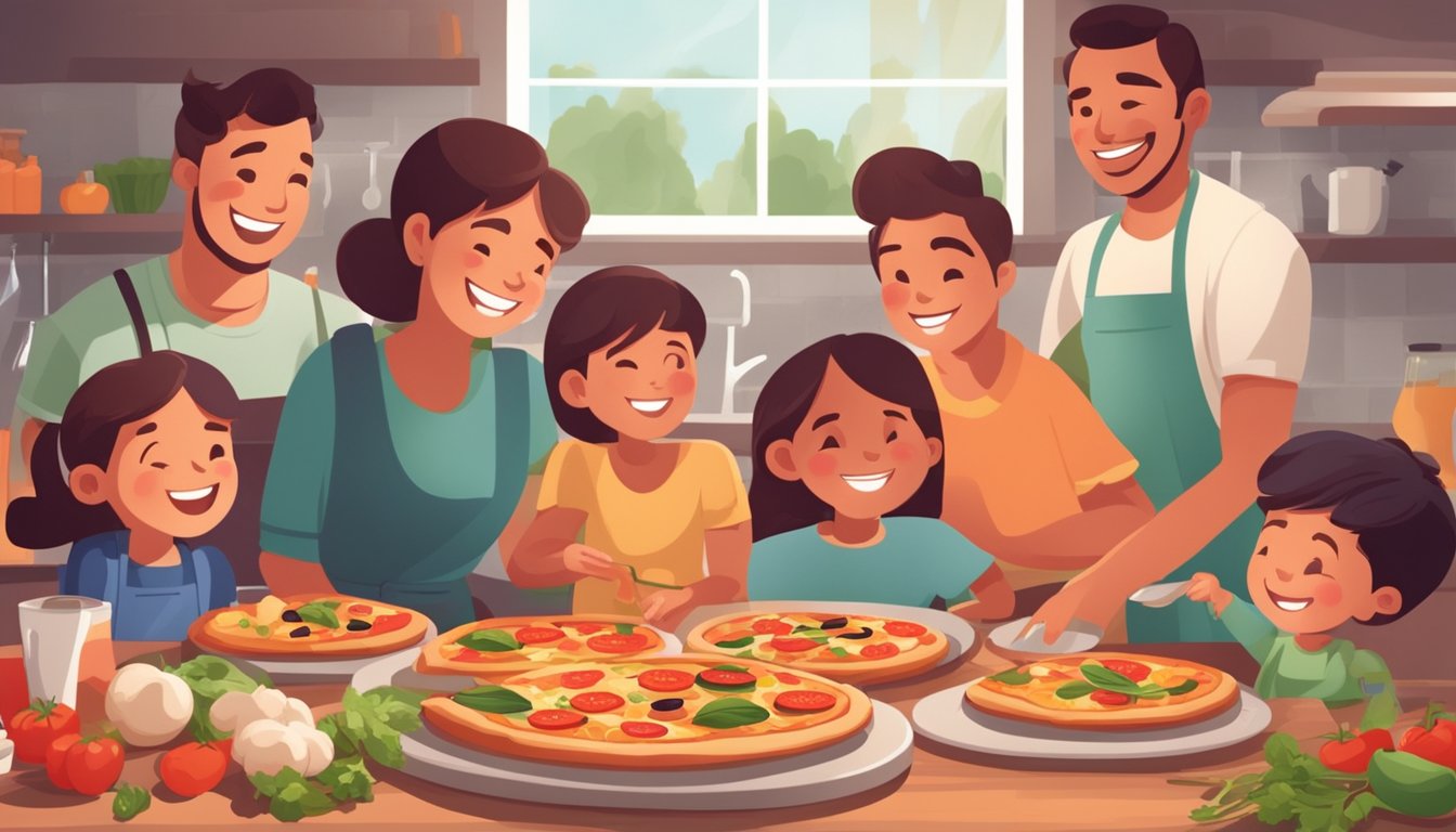 A family gathering around a table, smiling and laughing as they prepare and enjoy homemade pizzas together, surrounded by fresh ingredients and kitchen utensils