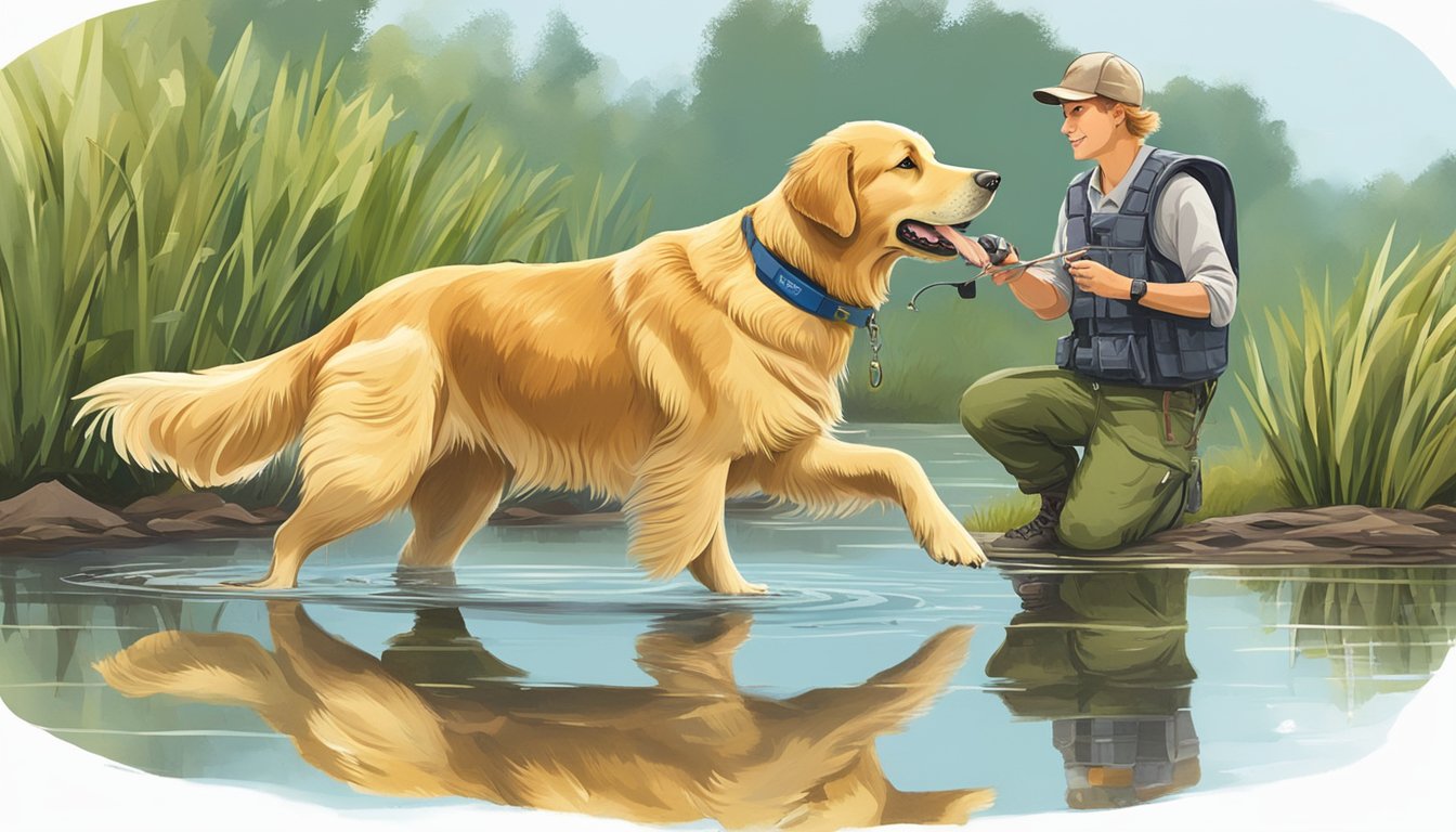 A golden retriever retrieves a duck from a marshy pond while a trainer looks on, holding a whistle and wearing a vest with pockets filled with training supplies