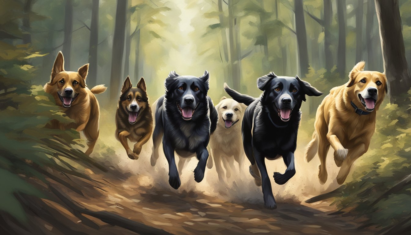 A pack of hunting dogs running through a dense forest in the district of Columbia