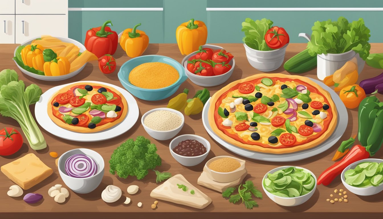 A colorful kitchen counter with fresh vegetables, whole wheat dough, and a variety of healthy pizza toppings spread out for preparation