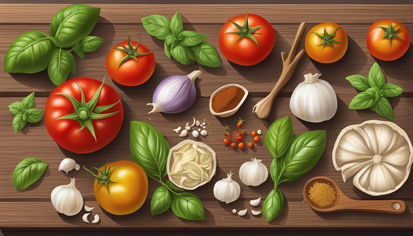 A colorful array of fresh tomatoes, basil, garlic, and spices arranged on a wooden cutting board, ready to be crafted into the perfect homemade pizza sauce