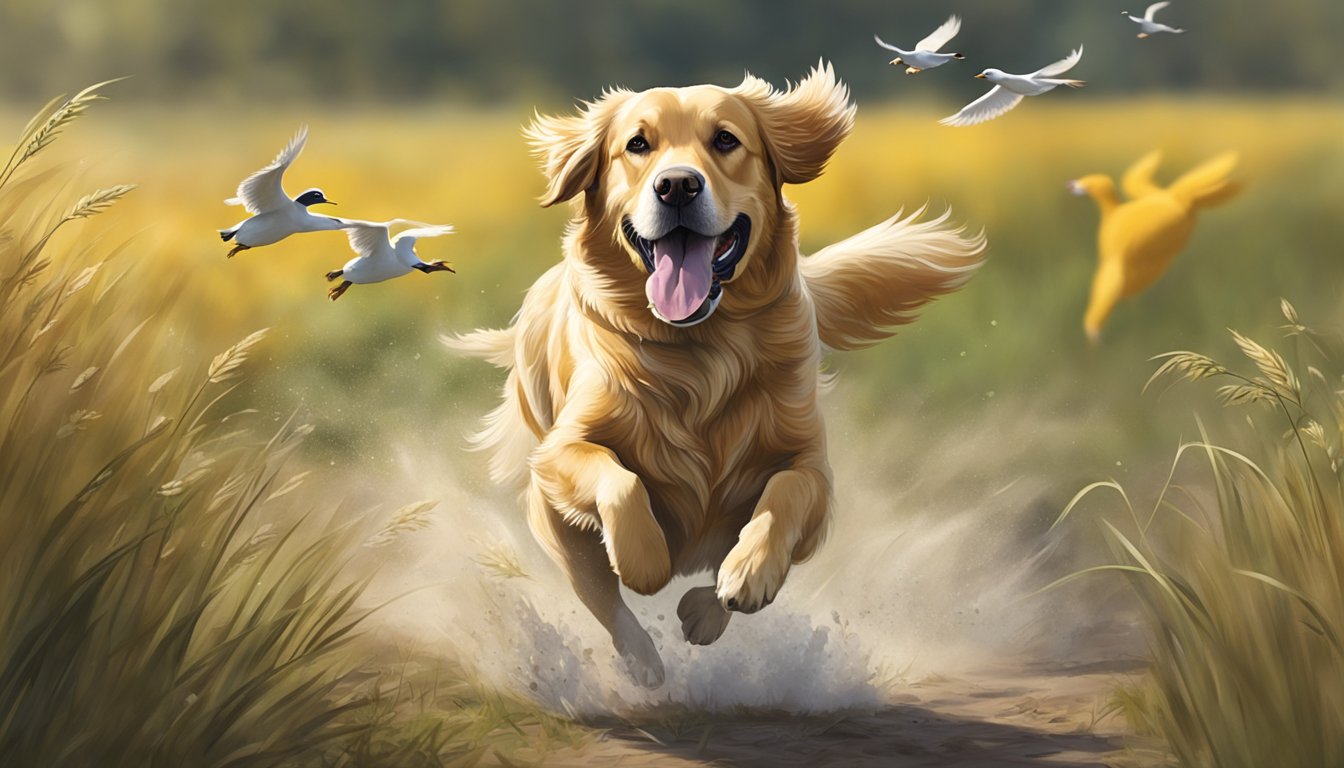 A retriever dog bounding through a field, holding a duck in its mouth, while a trainer watches and gives commands