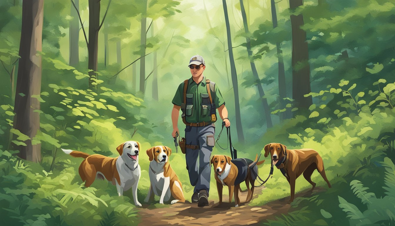 A dog trainer works with hunting dogs in a lush forest in the District of Columbia