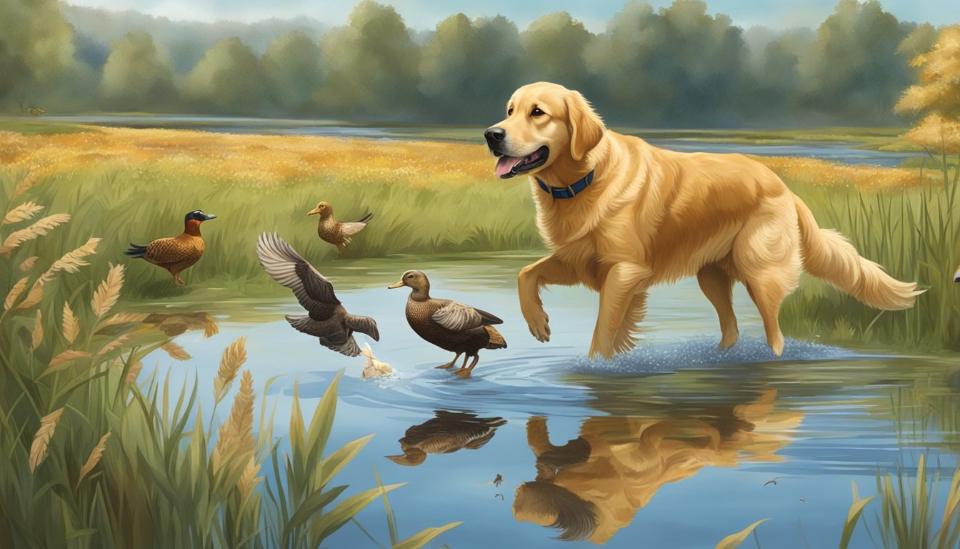 A golden retriever retrieves a duck from a pond, while a Labrador points at a pheasant in a field