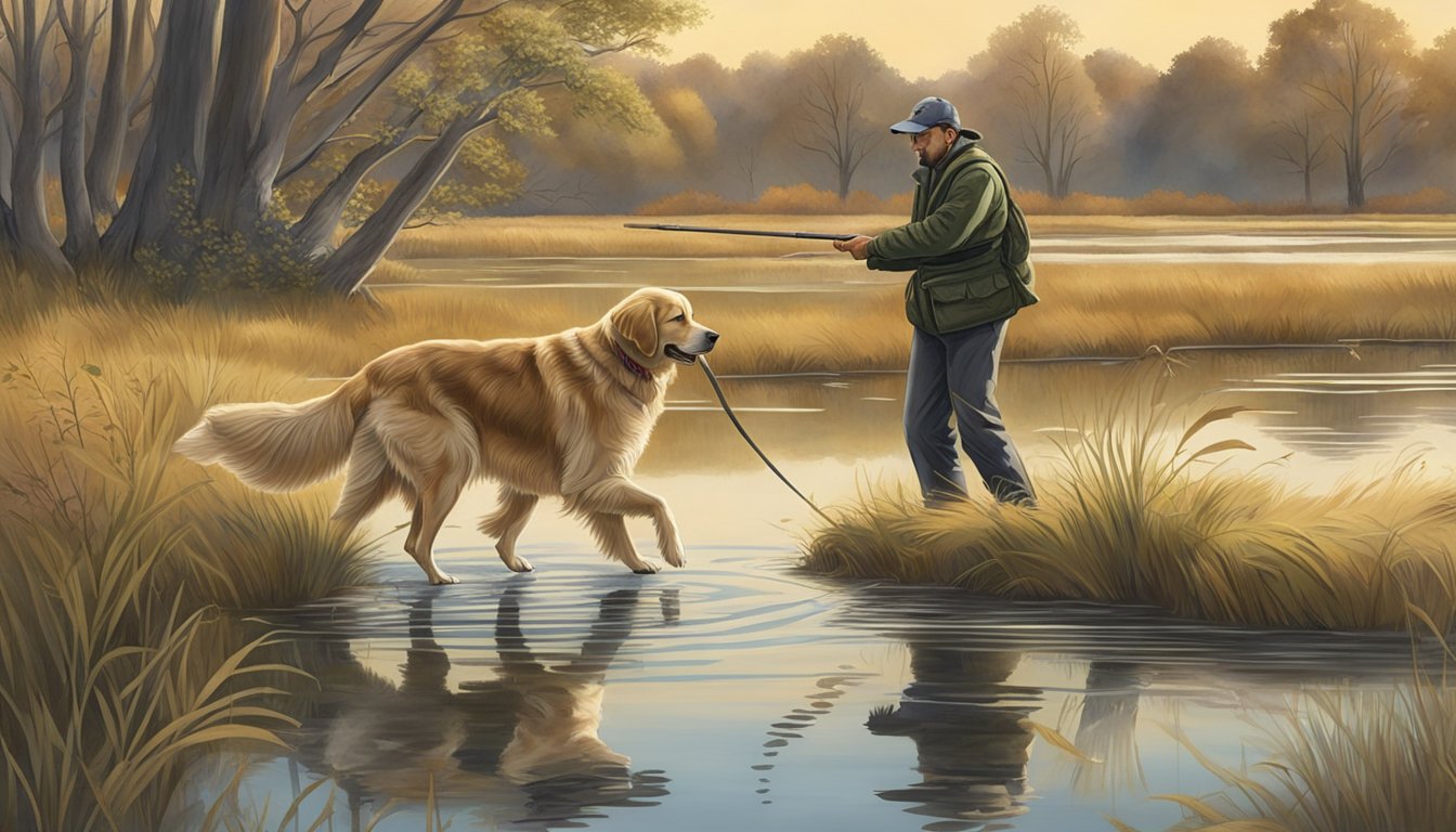 A golden retriever eagerly retrieves a fallen duck from a serene pond, while a hunter looks on with pride in the Rhode Island countryside