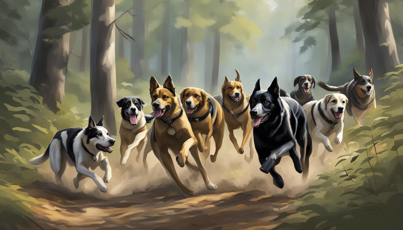 A pack of hunting dogs running through the wooded hunting areas and state parks in the District of Columbia