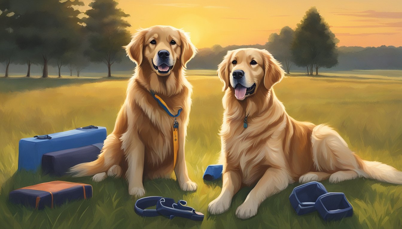 A golden retriever sits beside a stack of training dummies and a whistle on a grassy field in Rhode Island. The sun is setting, casting a warm glow over the scene