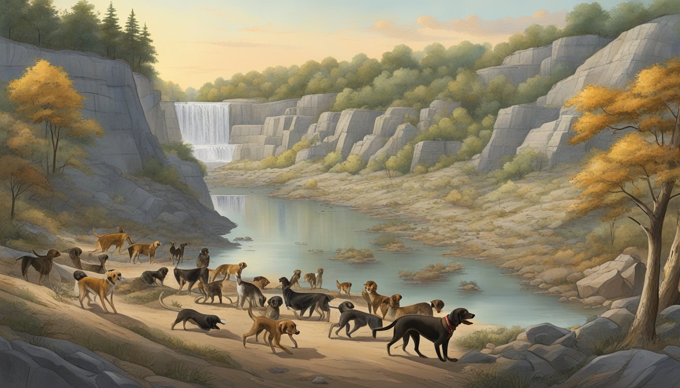 A bustling quarry surrounded by hunting grounds, with dogs eagerly leading hunters through the district of Columbia