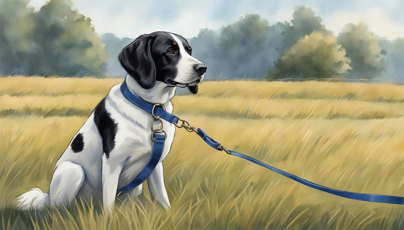 A gun dog sits obediently on a leash in a Rhode Island field, responding to basic training commands with perfect leash manners