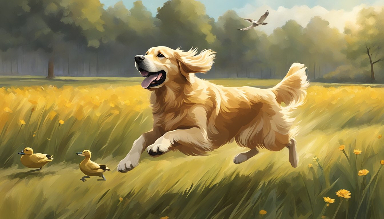 A golden retriever running through a field with a duck in its mouth, a trainer holding a whistle and gesturing commands