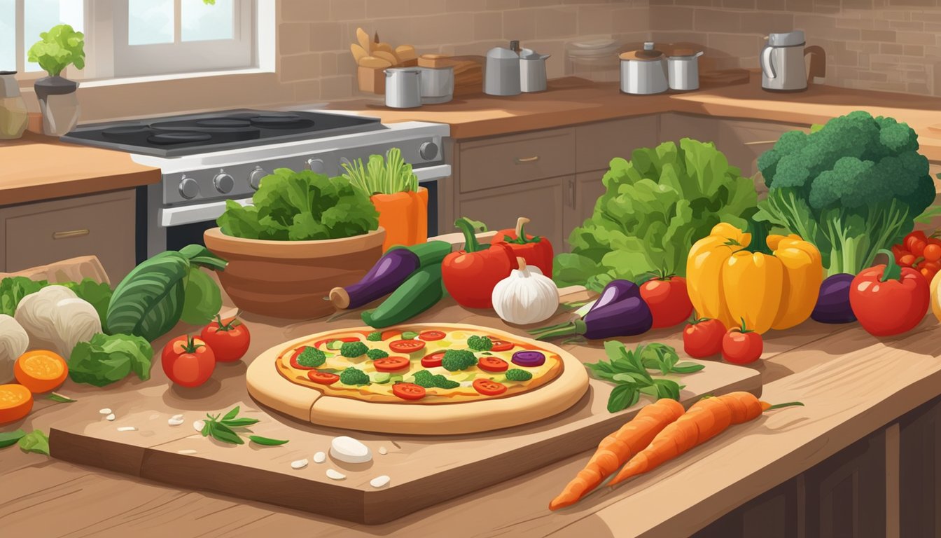 A family kitchen with various fresh ingredients laid out on a wooden countertop, including colorful vegetables, herbs, and whole wheat dough. A pizza stone sits in the background, ready for a creative pizza-making session