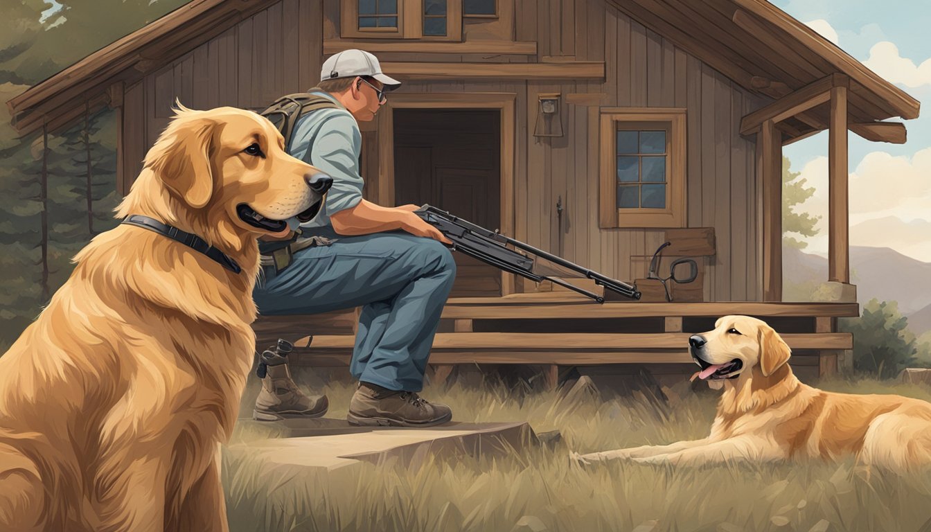 A golden retriever sits obediently next to a trainer in front of a rustic Utah hunting lodge. The trainer holds a gun, while the dog looks attentively at the trainer