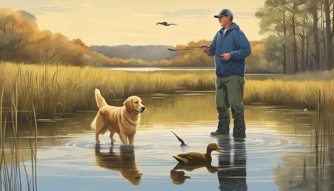 A golden retriever retrieves a duck from a marshy pond in Rhode Island, while a trainer observes and gives commands