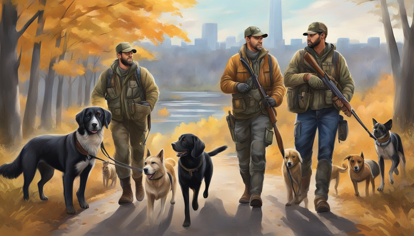 A group of hunters with dogs navigating through the district of Columbia, surrounded by a diverse community and focusing on conservation efforts