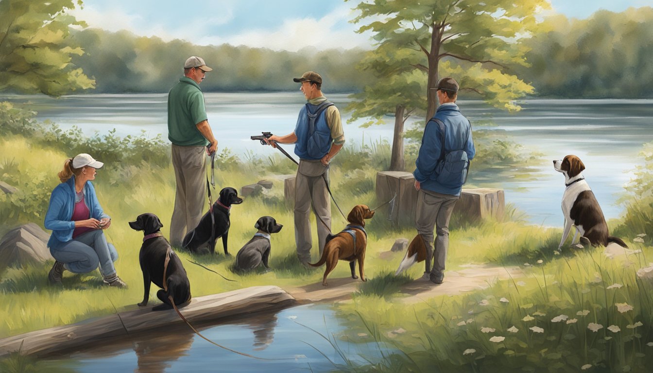 A serene lakeside setting with a skilled dog trainer instructing a group of eager gun dogs in Rhode Island