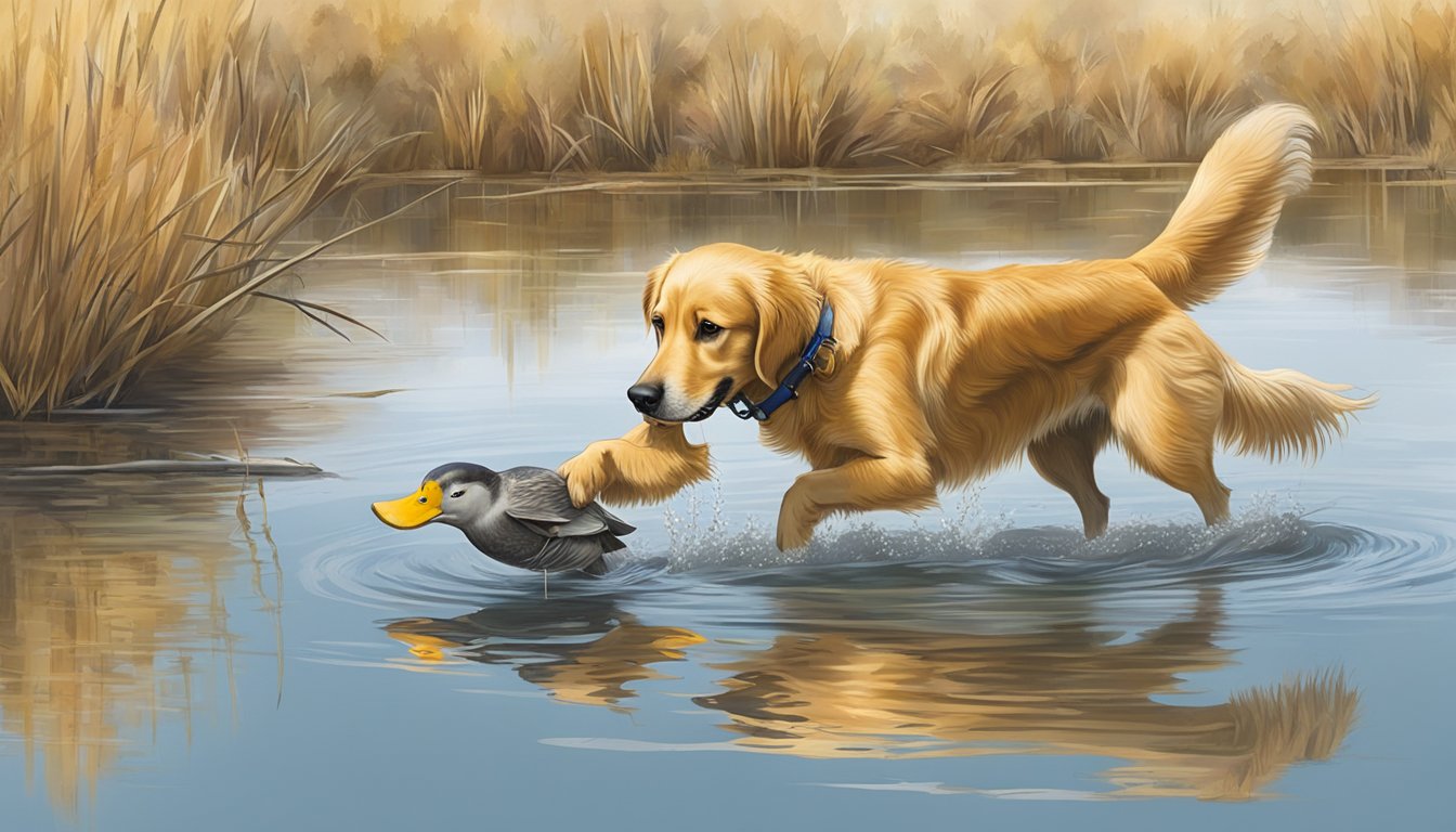 A golden retriever retrieves a duck from a marshy pond during gun dog training in the Utah countryside