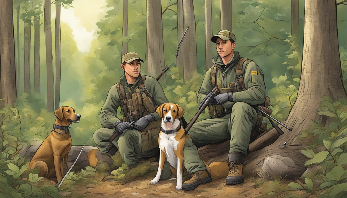 Hunting gear and dogs in a wooded area, District of Columbia