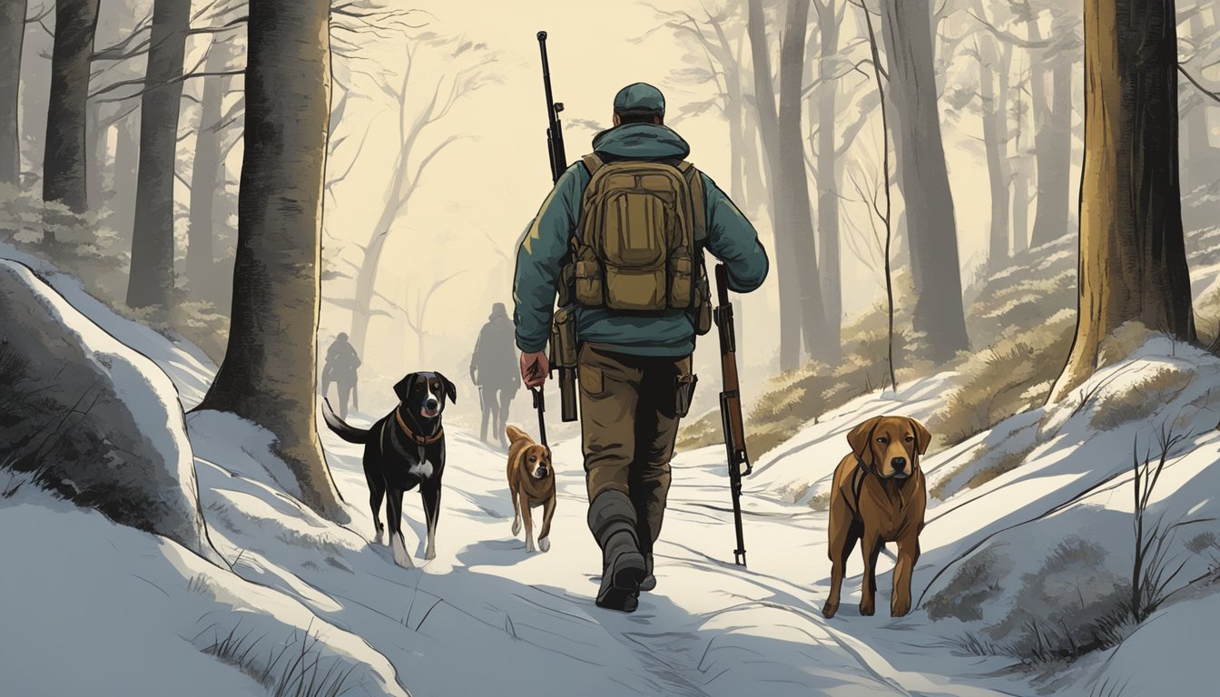 A hunter with a rifle and two dogs trek through the woods in the District of Columbia. The dogs are alert, noses to the ground, as they track their prey