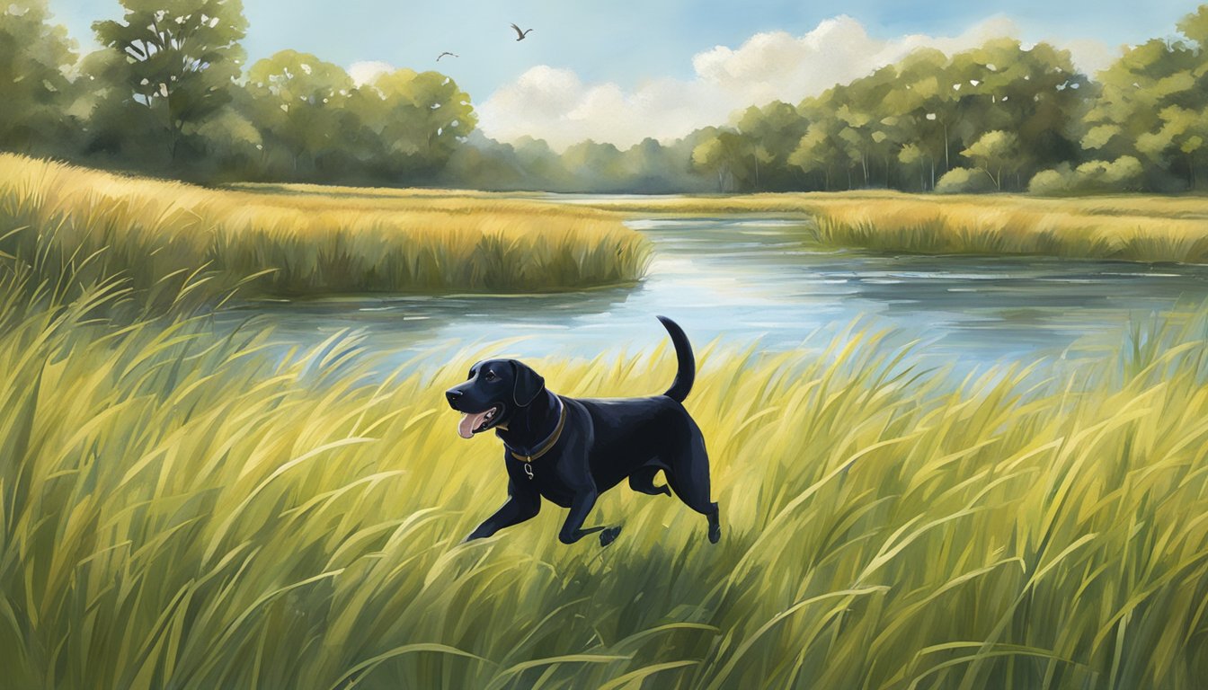 A sunny field in Rhode Island, with a Labrador retriever running through tall grass, a trainer throwing a retrieving dummy, and a nearby pond for water training