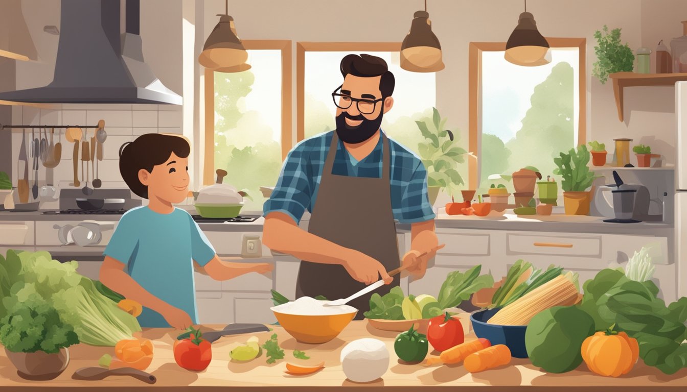 A father and child surrounded by fresh ingredients, cooking utensils, and a warm, inviting kitchen