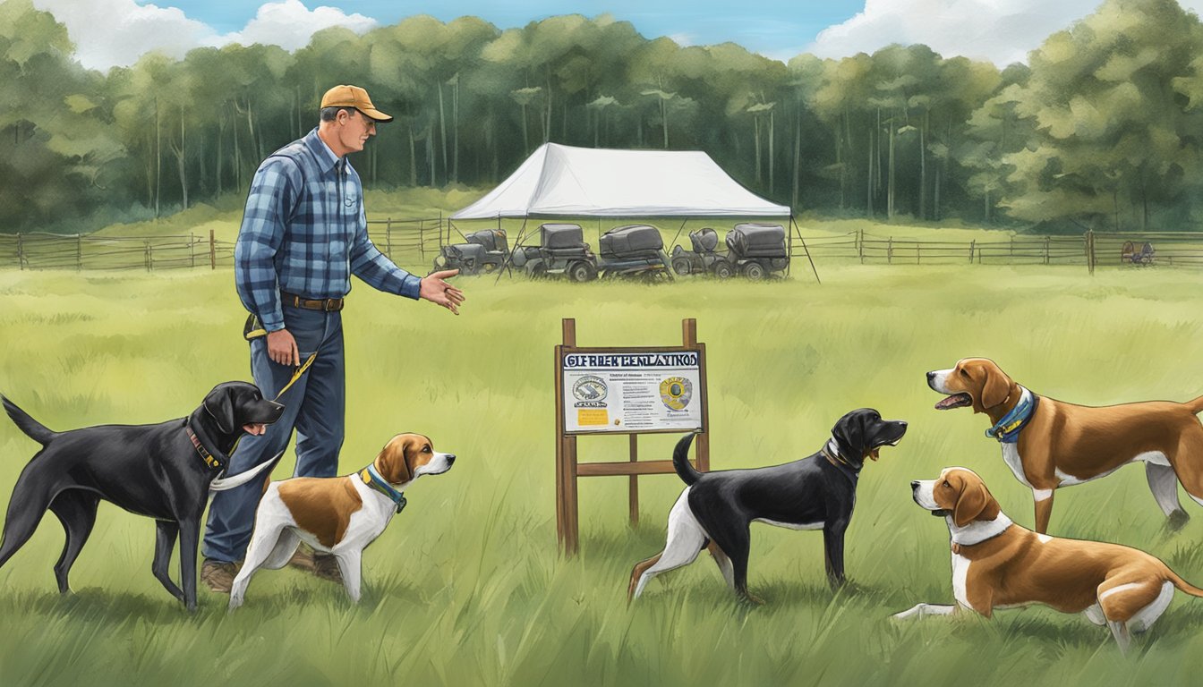 A gun dog trainer in Rhode Island demonstrating obedience and retrieval training in a field, surrounded by equipment and signage outlining state regulations