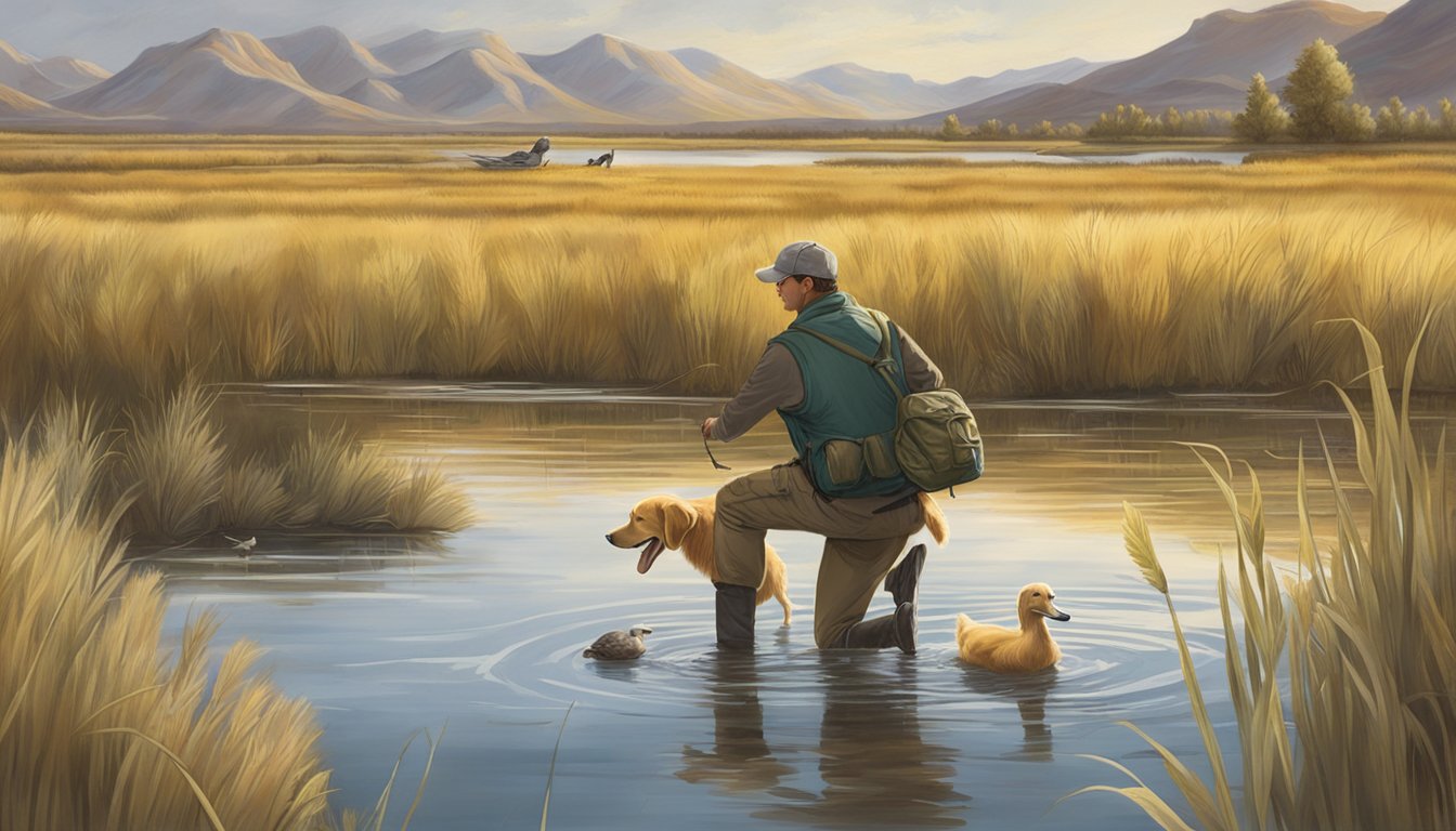 A golden retriever retrieves a duck from a marsh, while a trainer watches in the Utah wilderness