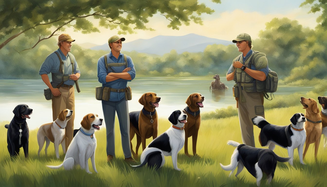 A group of gun dogs and their owners gather in a field, surrounded by lush greenery and a serene lake. The dogs eagerly listen to commands, tails wagging with excitement