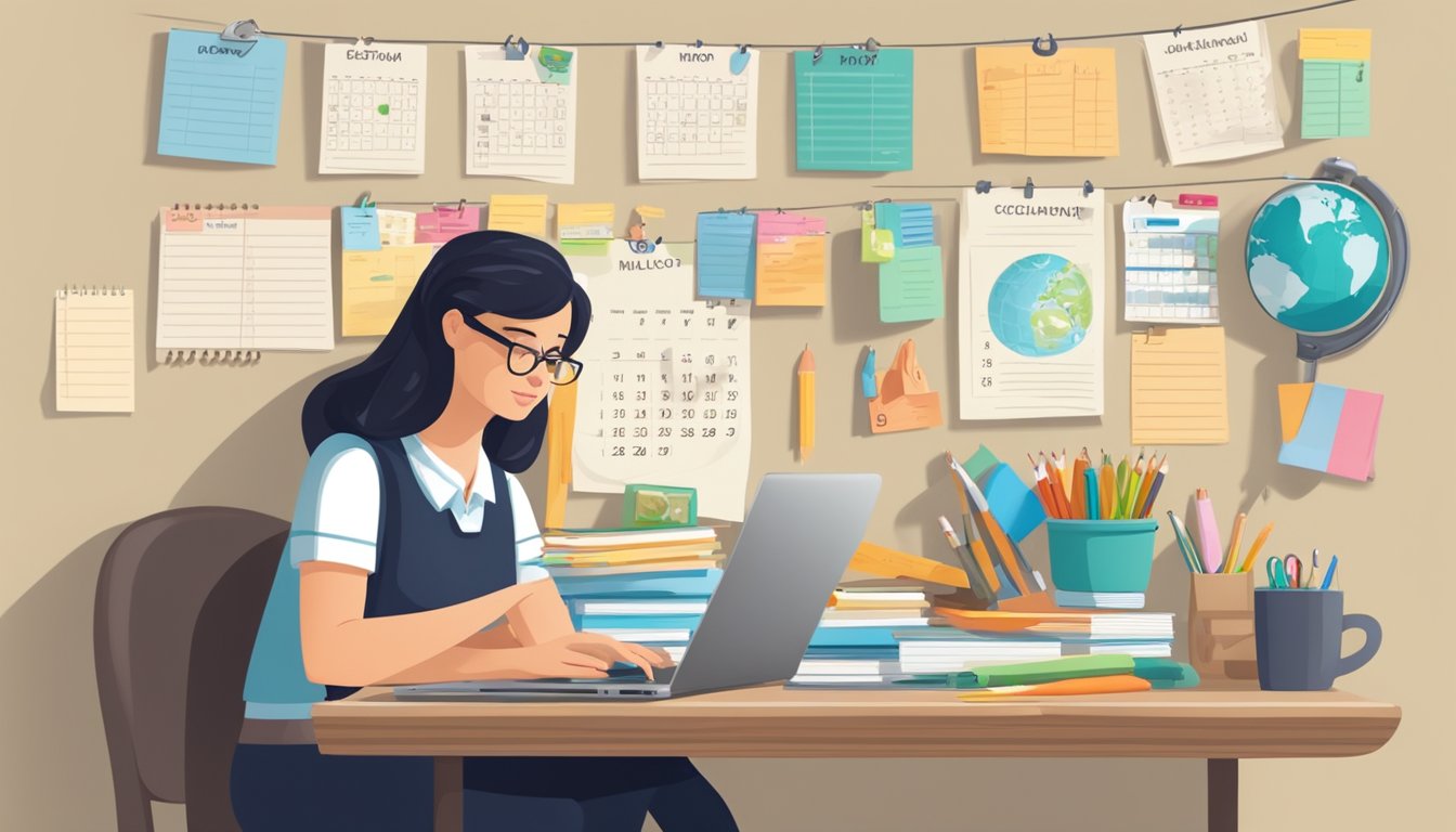 A busy mom sits at a desk with a laptop, surrounded by school supplies and a calendar. A bulletin board displays important school policies and schedules