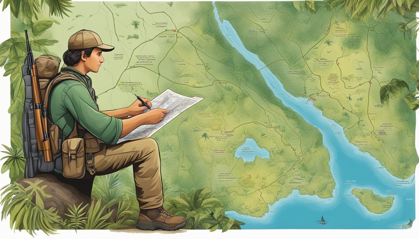 A hunter with a dog studies a map of hunting regulations in Hawaii, surrounded by lush greenery and native wildlife