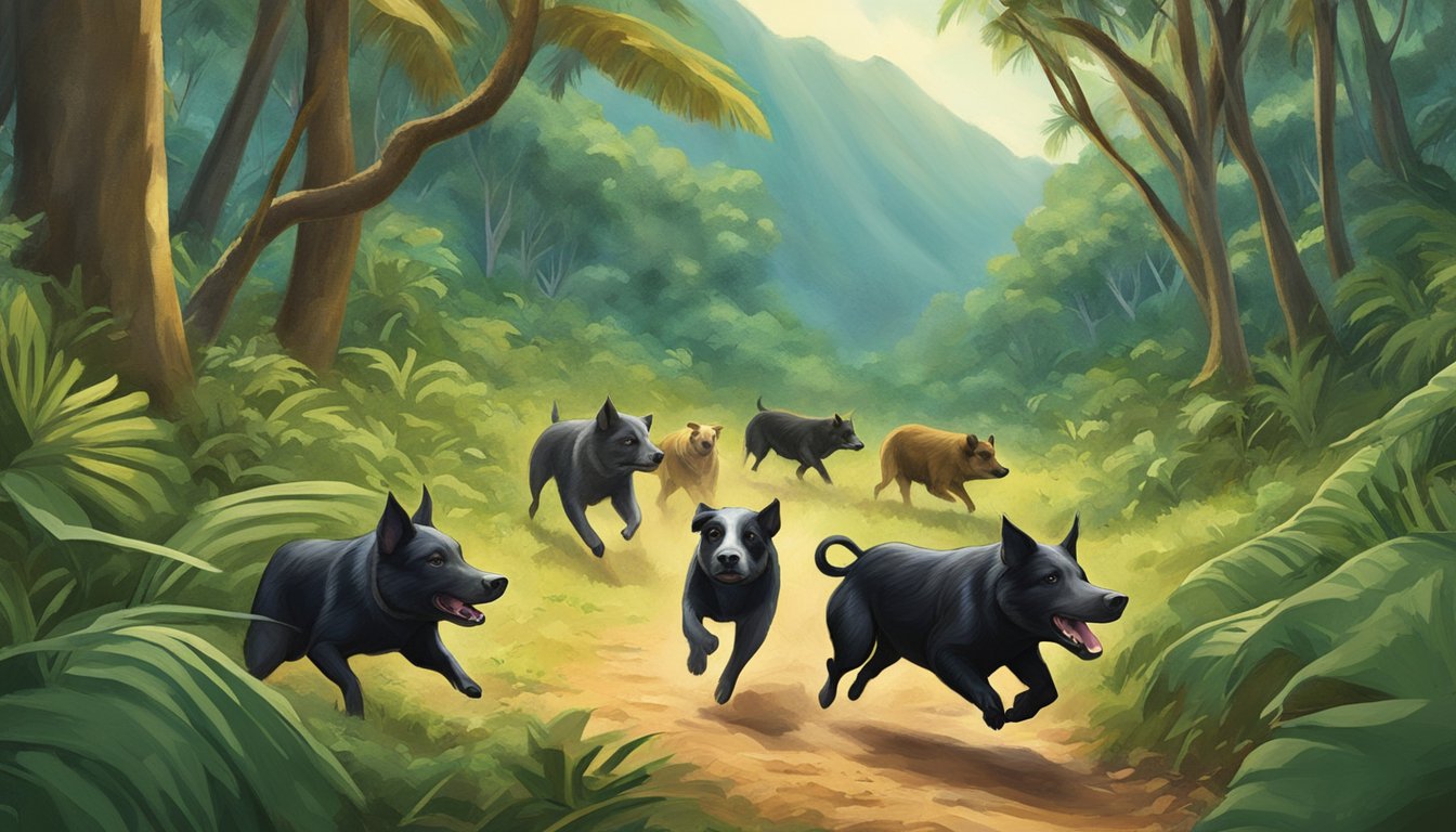 Dogs chase feral pigs through lush Hawaiian forest