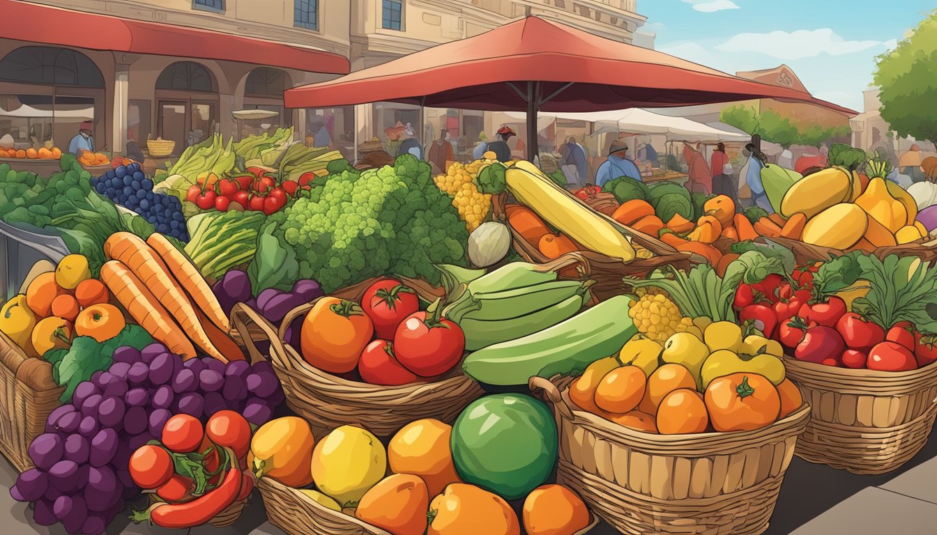 A colorful array of fresh fruits and vegetables spilling out of a wicker basket, with a backdrop of a bustling farmers market in Texas