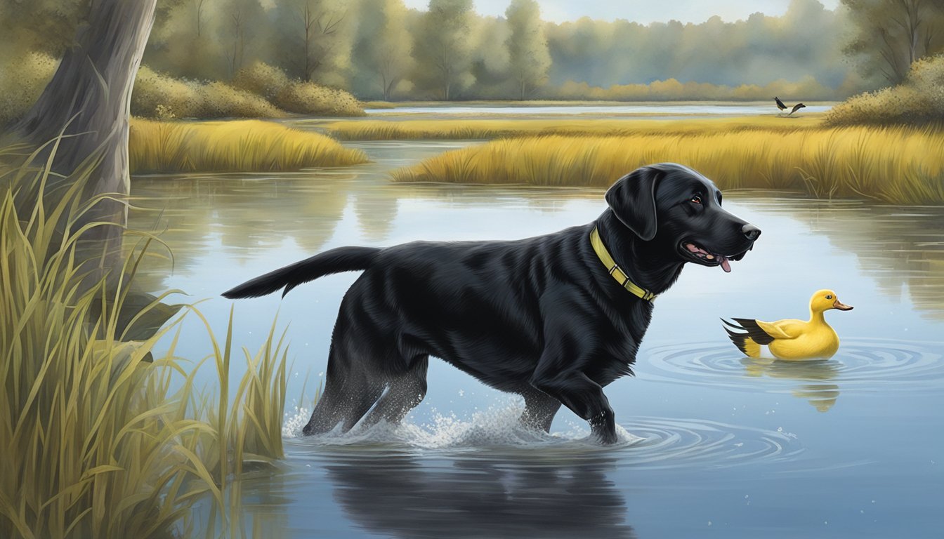 A Labrador retriever eagerly retrieves a duck from a serene Washington wetland, as a trainer watches closely