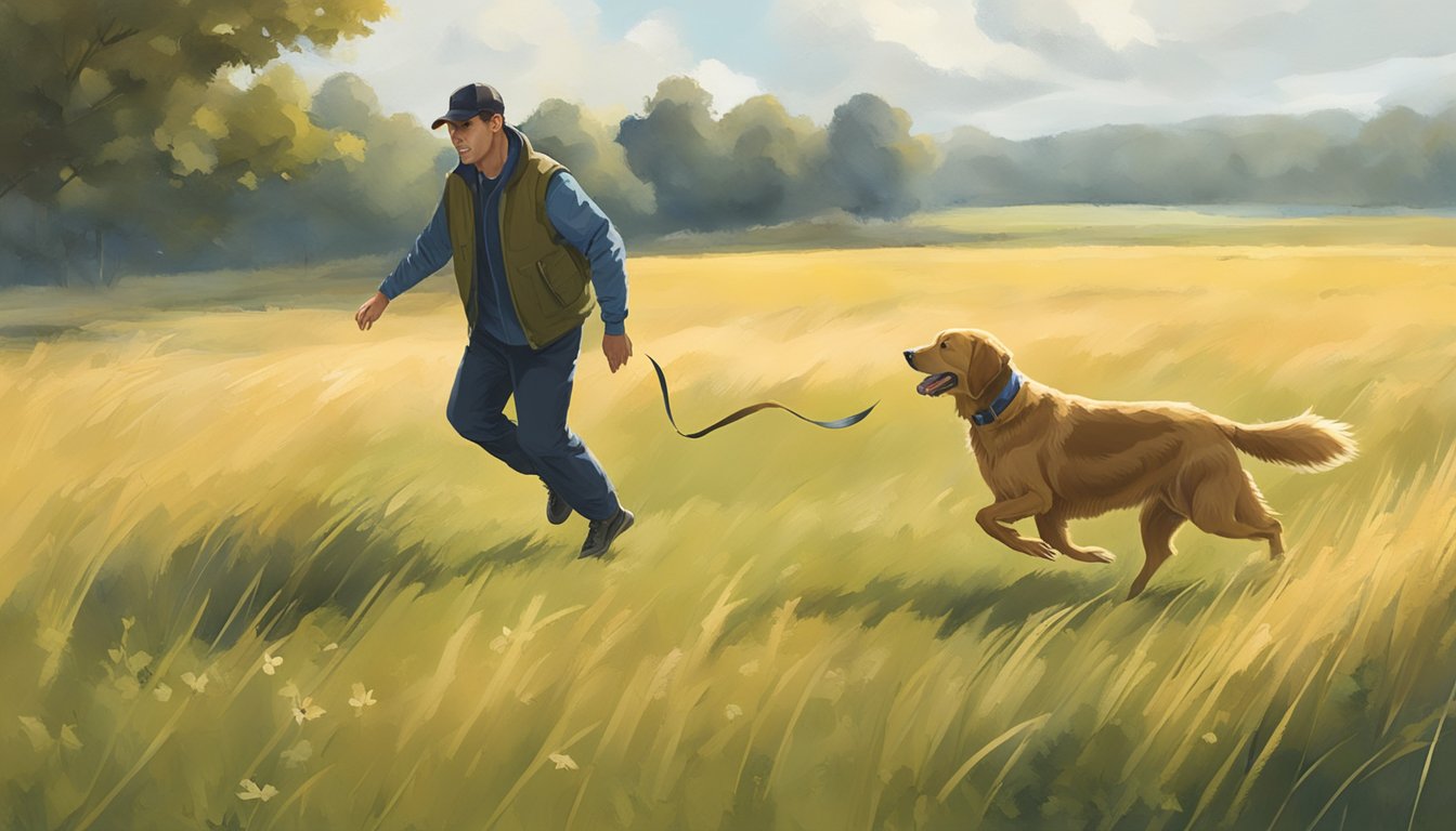 A retriever bounding through a field, eagerly following the scent of a hidden bird, with a trainer watching closely