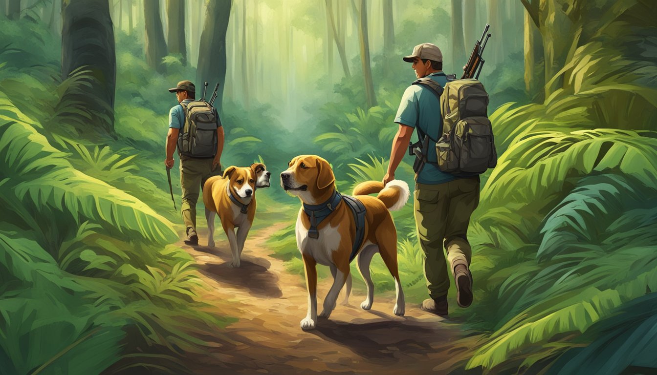 A hunter and two dogs trek through lush Hawaiian forest, the dogs alert and focused on the scent of prey