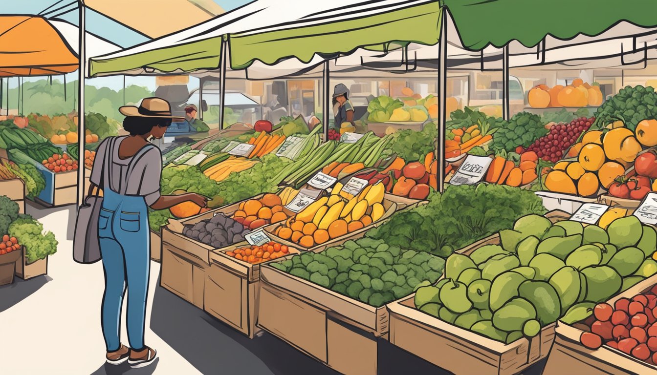 A person shopping for fresh produce at a local farmer's market in Texas, carefully selecting affordable fruits and vegetables to create healthy meals on a budget