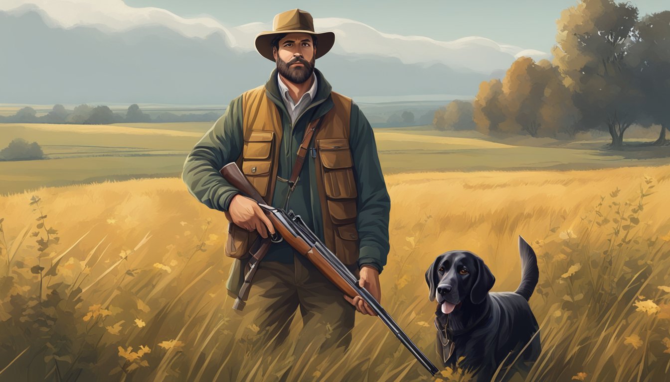 A hunter in a field with a trained gun dog holding a shotgun