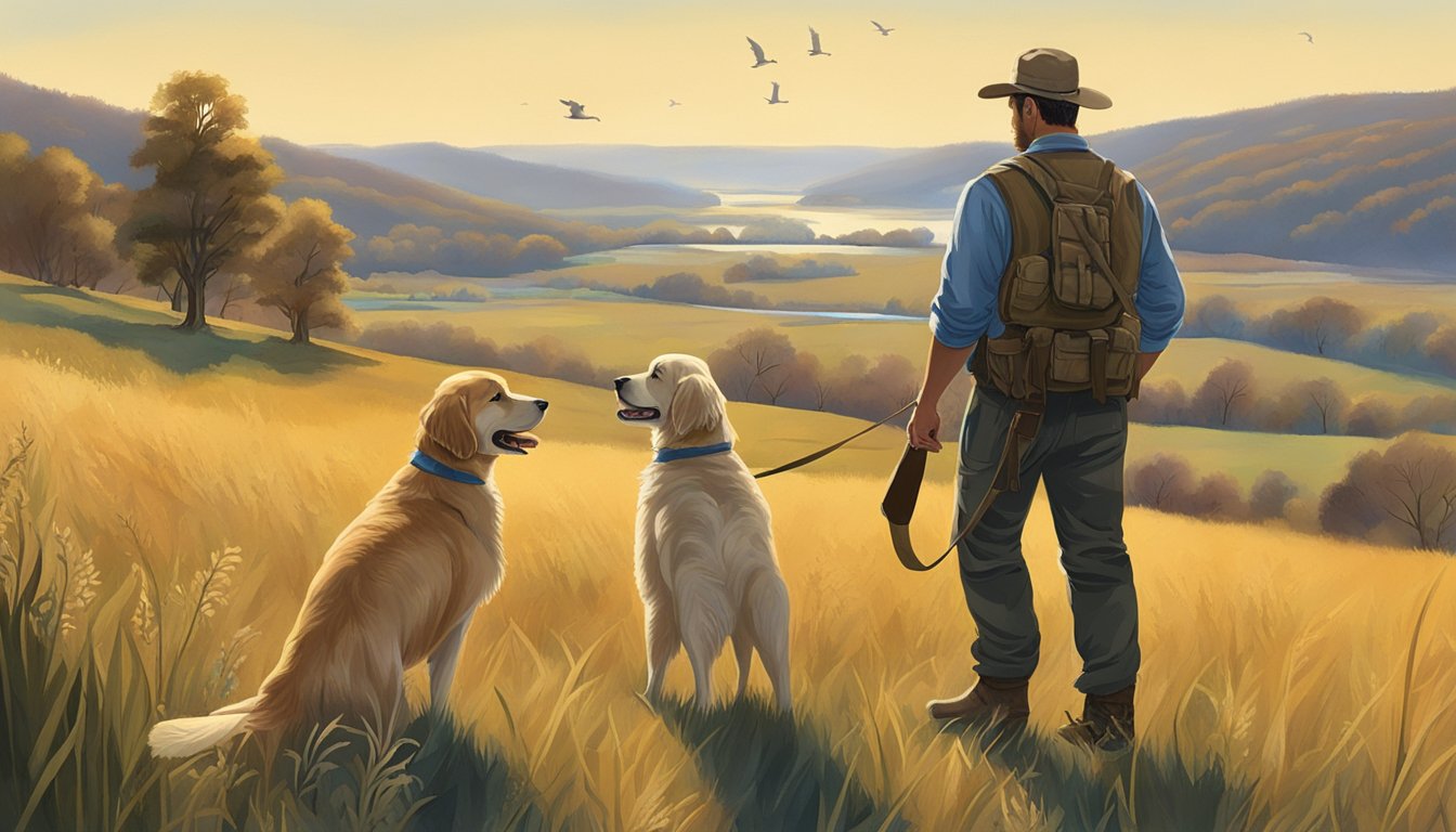 A golden retriever stands in a field, holding a duck in its mouth, while a hunter looks on with pride. The Tennessee landscape is visible in the background, with rolling hills and a clear blue sky