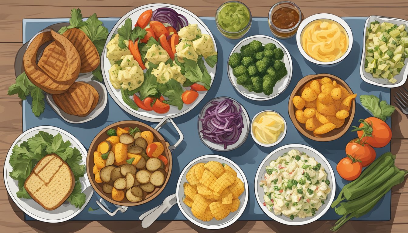 A table set with an assortment of savory side dishes, including grilled vegetables, potato salad, and coleslaw, ready for a Labor Day cookout