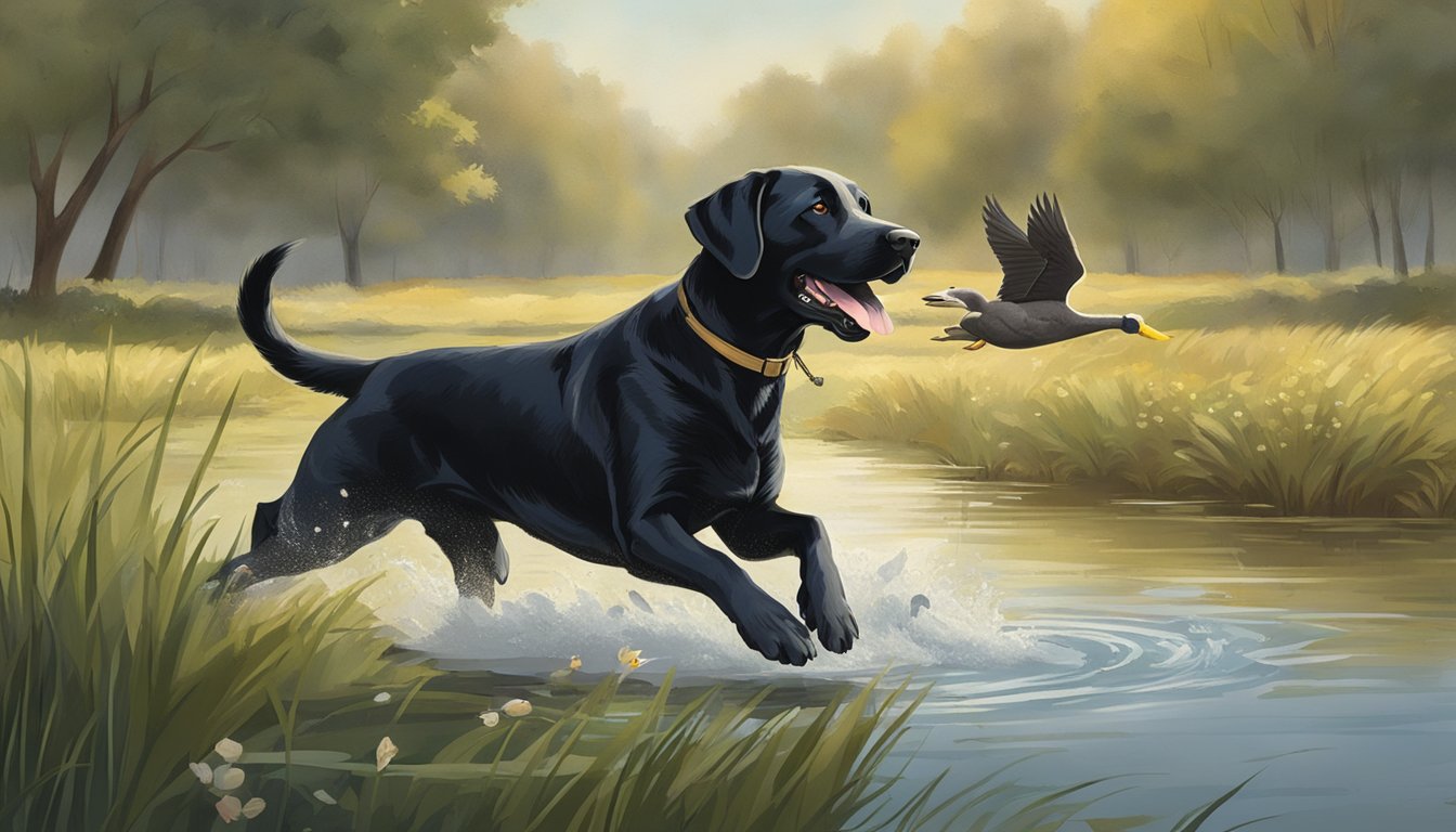 A Labrador retriever running through a field, retrieving a duck from a pond. A trainer stands nearby, giving commands