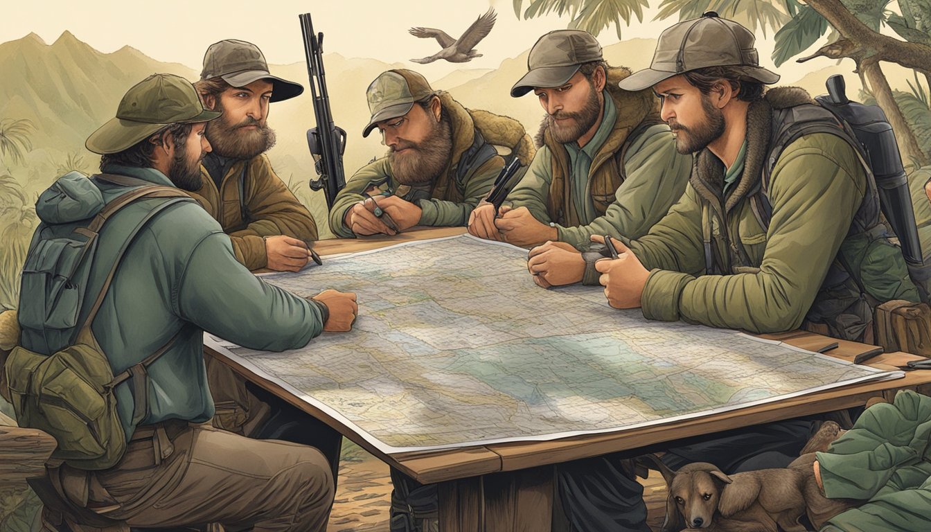 A group of hunters with their dogs gather around a table filled with maps, hunting gear, and resources. They discuss their plans for the day's hunt in Hawaii