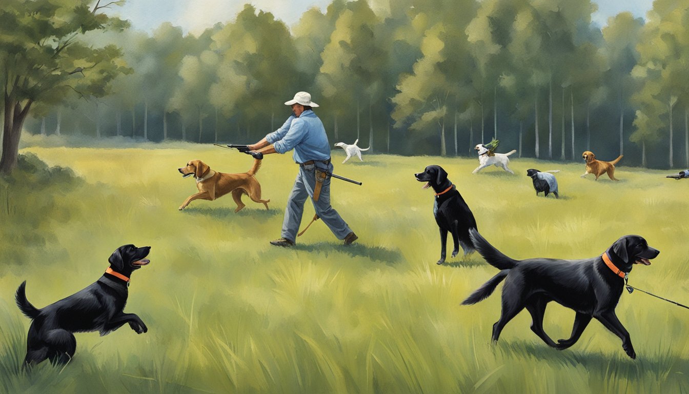 A field in Tennessee with gun dogs training on various essential programs, including retrieving, pointing, and obedience