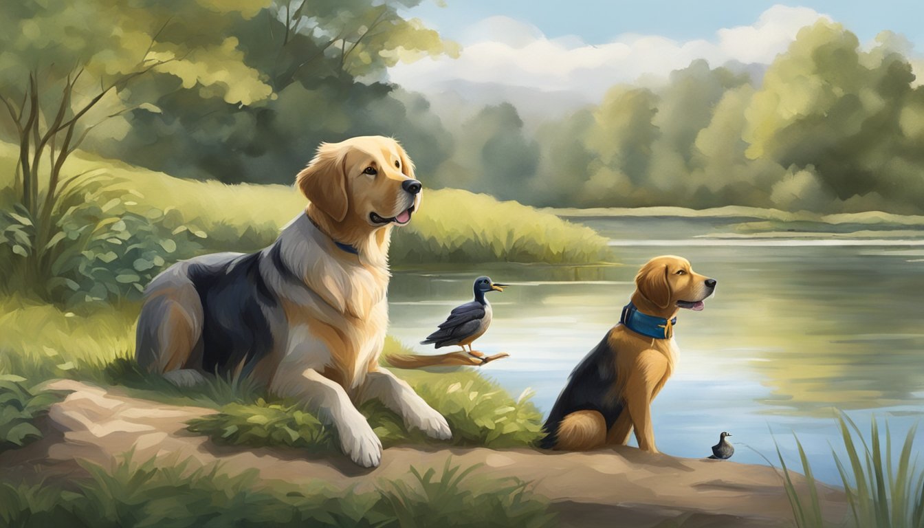 A retriever dog sitting by a pond, holding a duck in its mouth, while a trainer watches from the shore