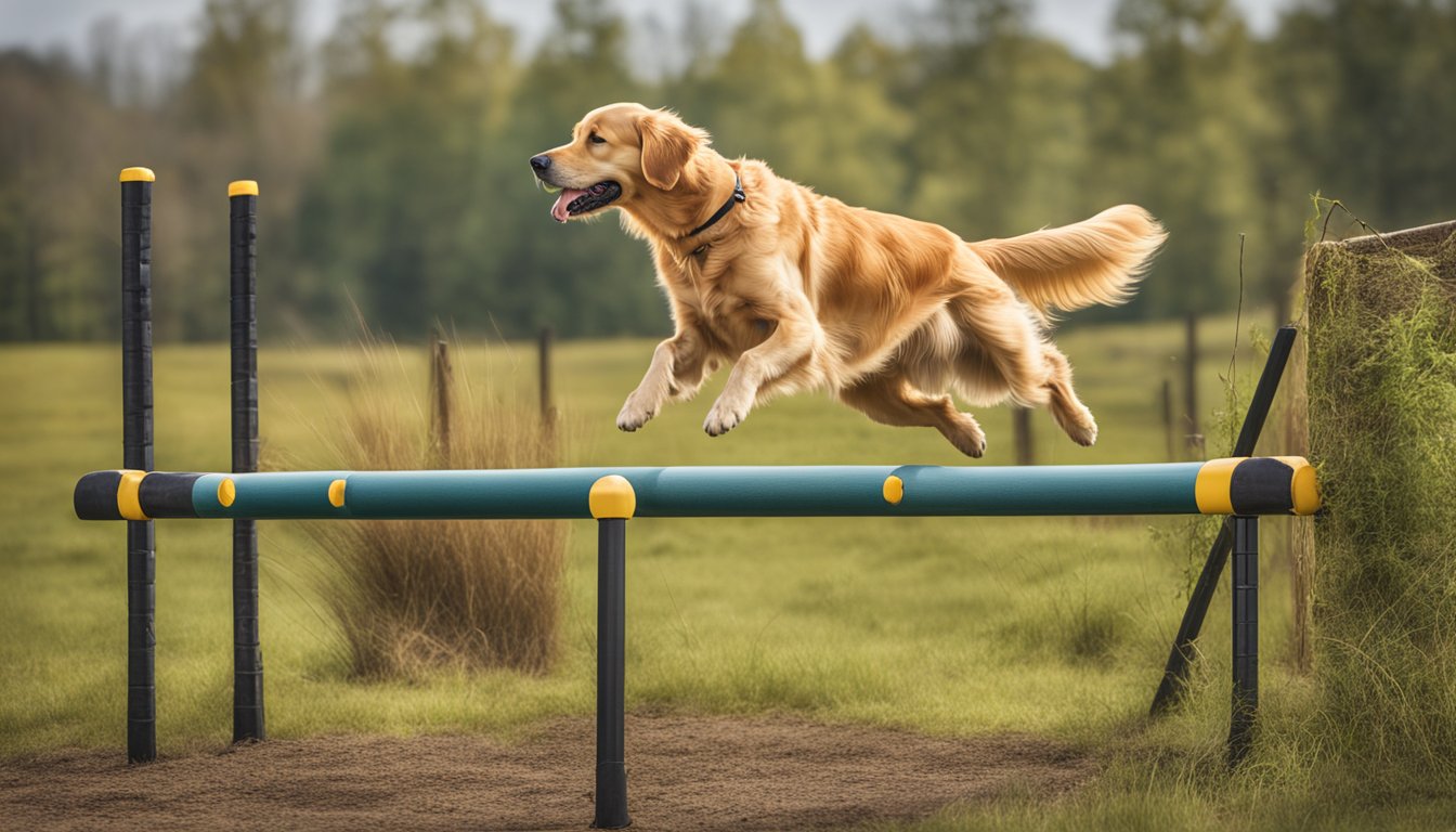 A golden retriever leaps over an obstacle during specialized gun dog training in the Tennessee countryside